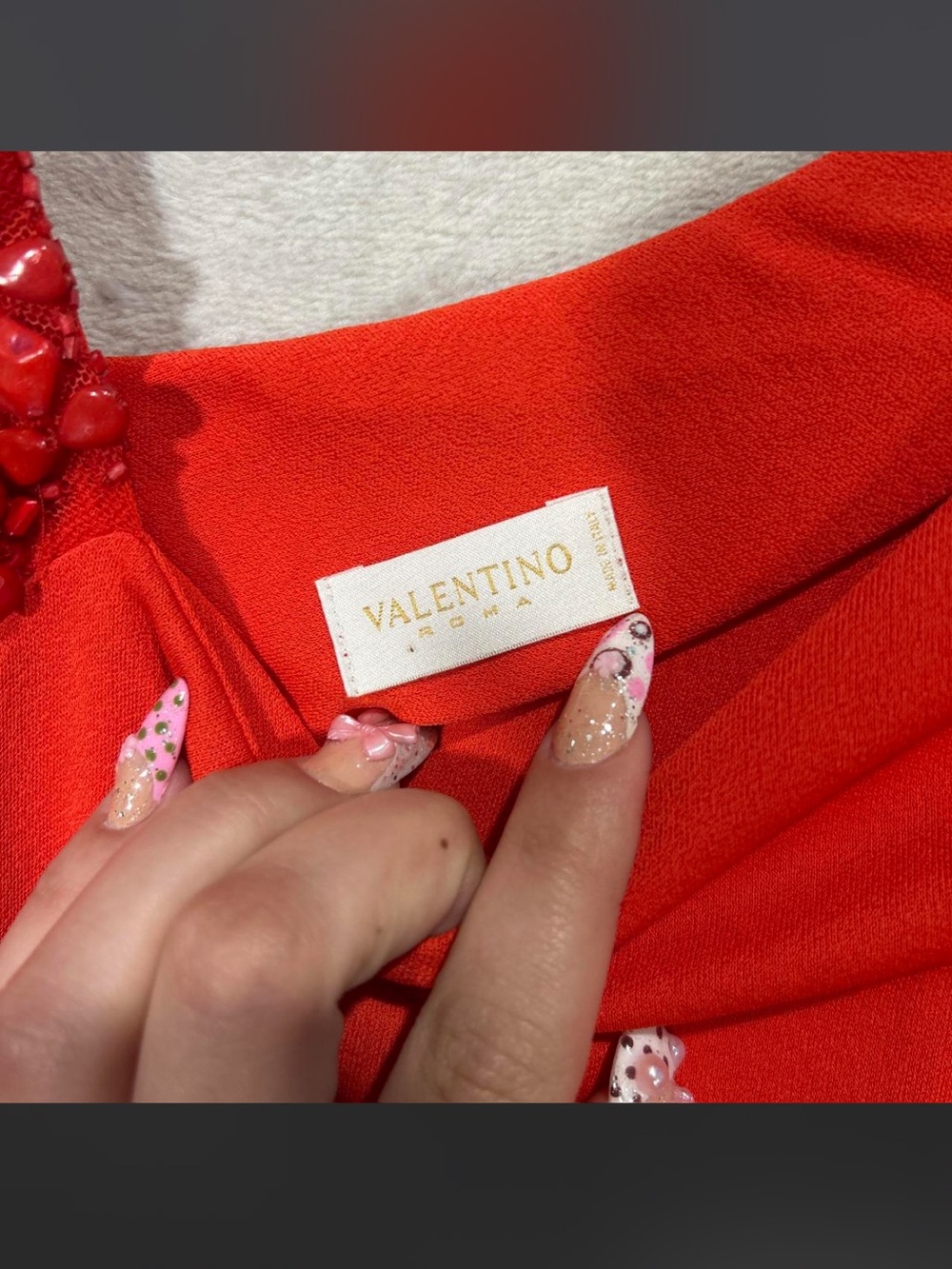 Valentino Roma Red Orange One Shoulder beaded strap drop waist dress sz 8 - Picture 7 of 8